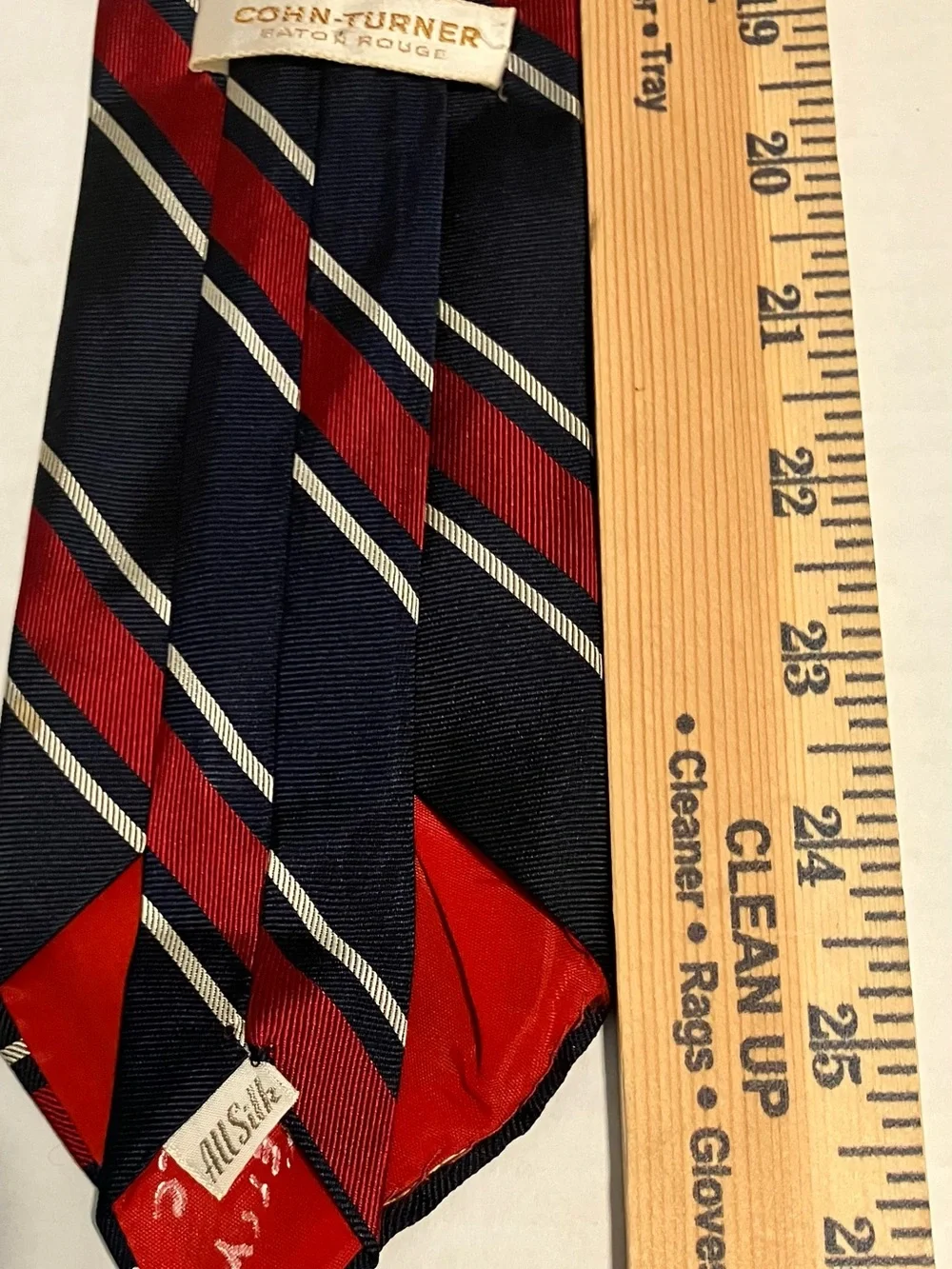 Navy Tie with Red and Cream Diagonal Stripes